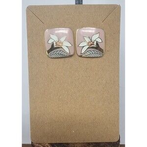 Vintage Laurel Burch Wild Lily Pink White Cloisonne Enamel Gold Plated Earrings